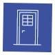 Ikona przedstawiająca białą, liniową grafikę drzwi z sześciokwatkowym oknem w górnej części.