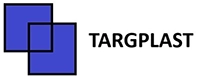 Logo przedstawia dwa nakładające się niebieskie kwadraty z czarnymi obwódkami. Po prawej stronie kwadratów, słowo "TARGPLAST" jest napisane pogrubionymi, czarnymi wielkimi literami.
