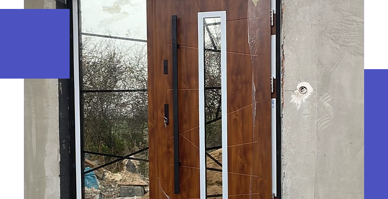 Nowoczesne drewniane drzwi wejściowe z pionową, prostokątną szybą i długą, czarną klamką.